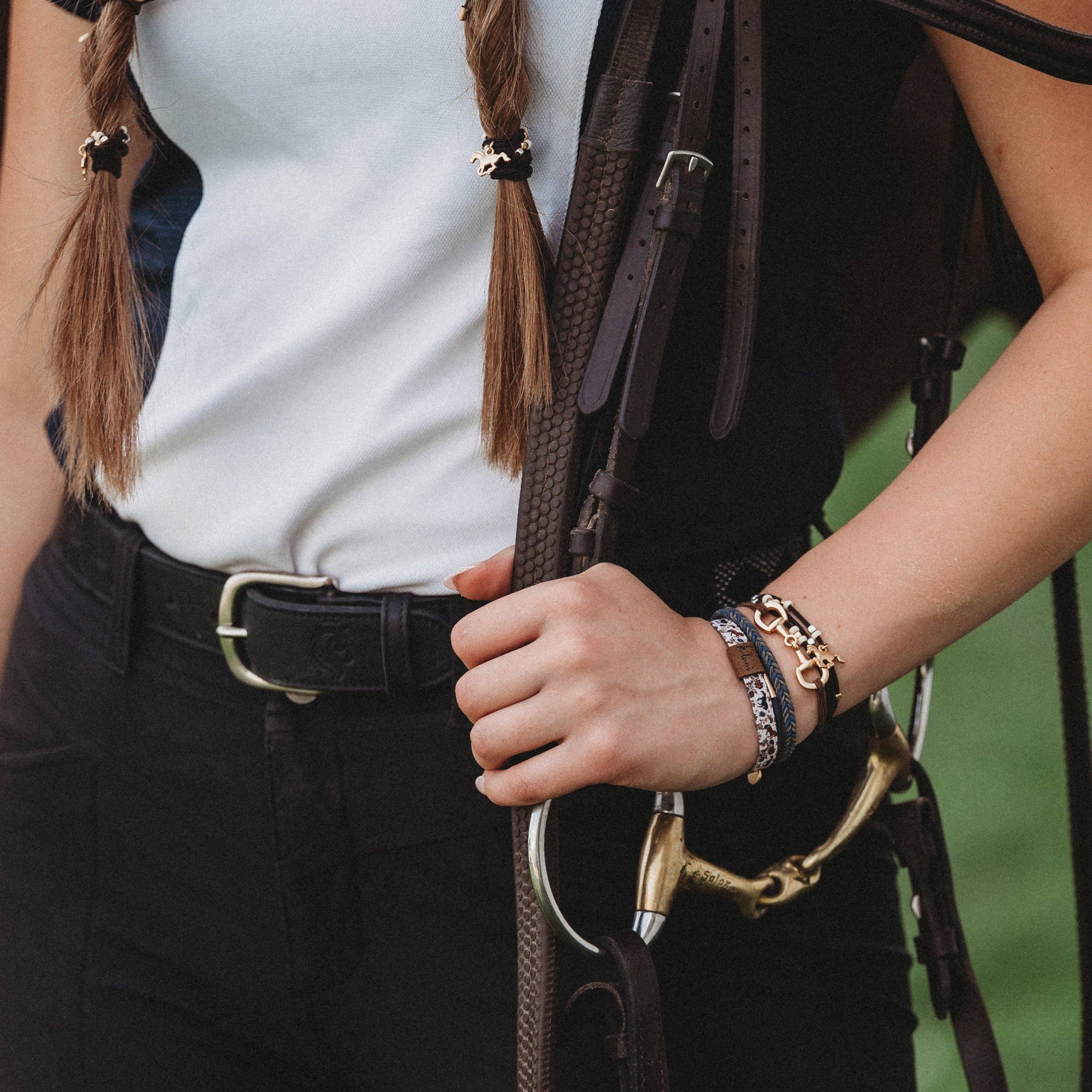 Gallop hair tie bracelet set in brown and blue with gold horse bit charm, view 5