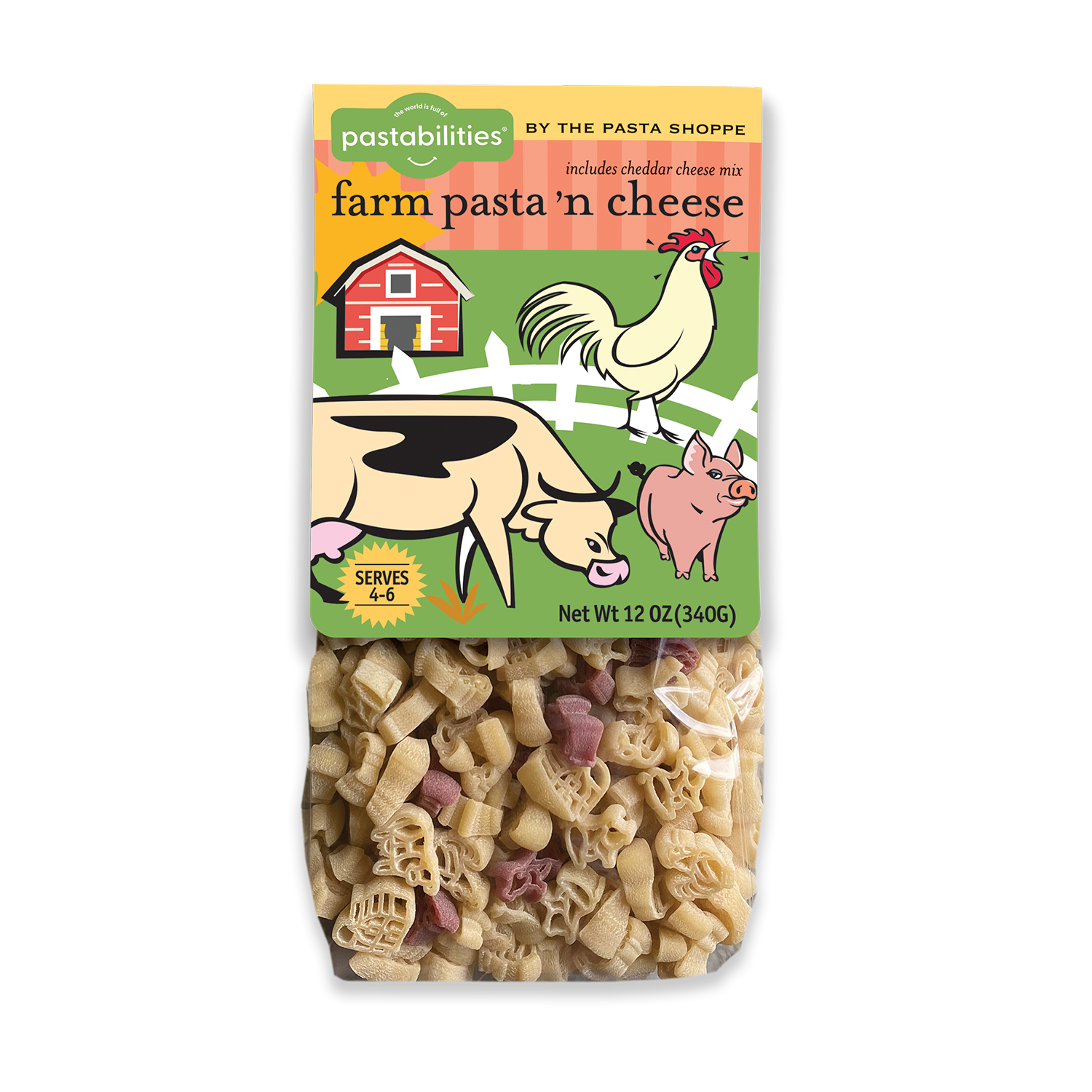 Pastabilities Farm Pasta 'n Cheese bag with farm animal-shaped pasta