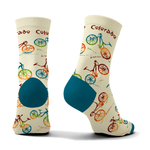 Colorado bike ride unisex crew socks in a second colorway, close-up of the knit graphic
