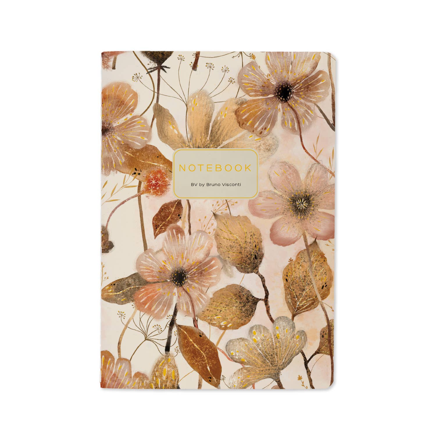 A5 ruled notebook with a blush and gold floral cover design, front cover