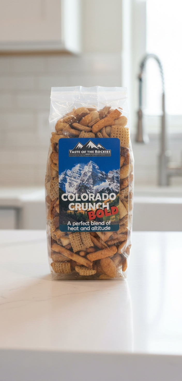 Bag of Colorado Crunch snacks on a kitchen counter