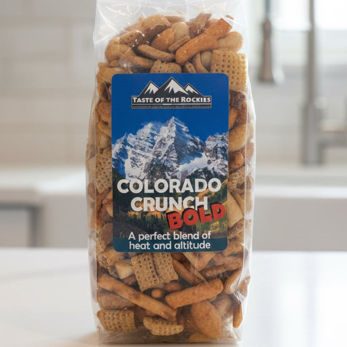 Bag of Colorado Crunch snacks on a kitchen counter
