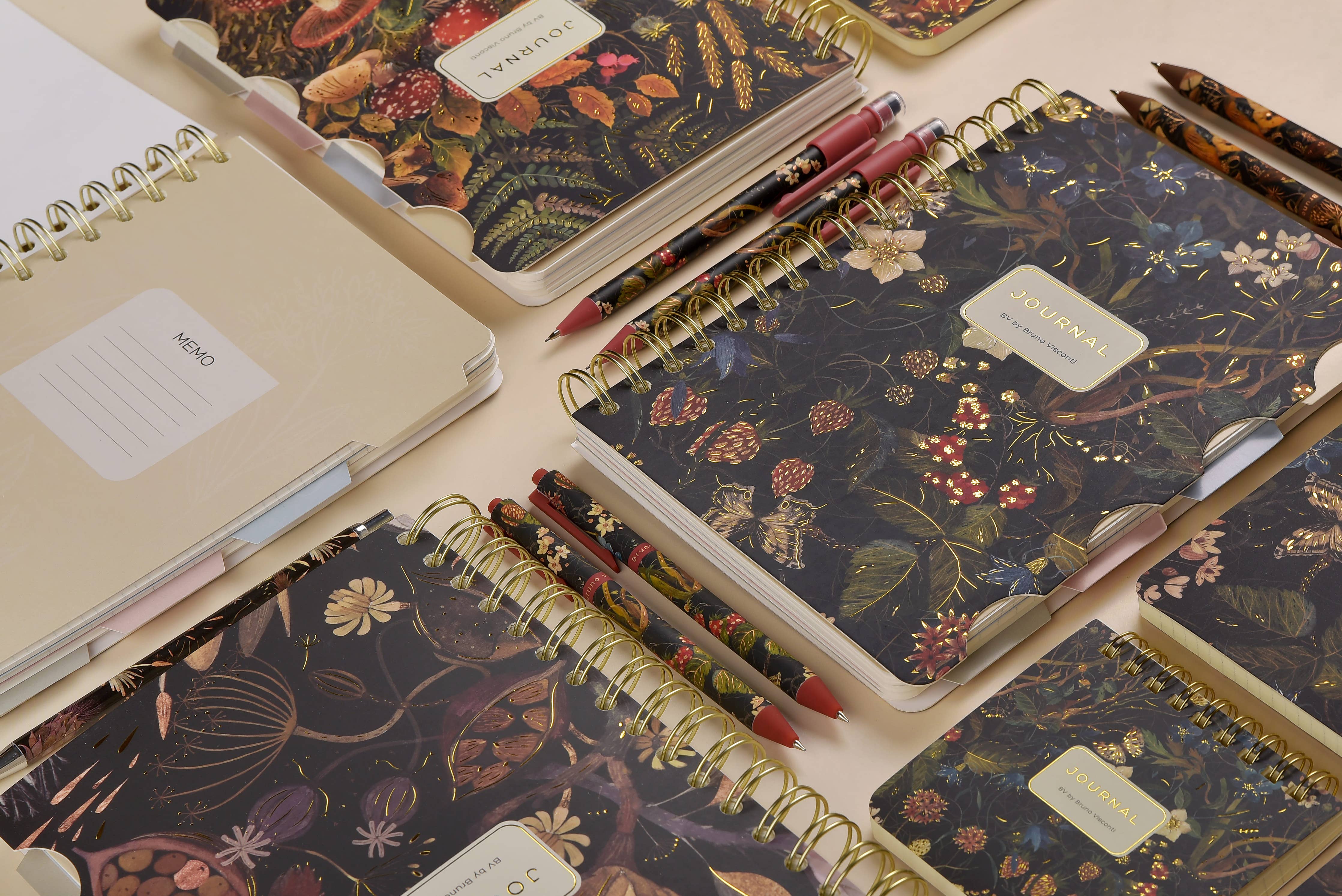 Spiral-bound art journal with a Forest Flowers illustrated cover, interior pages