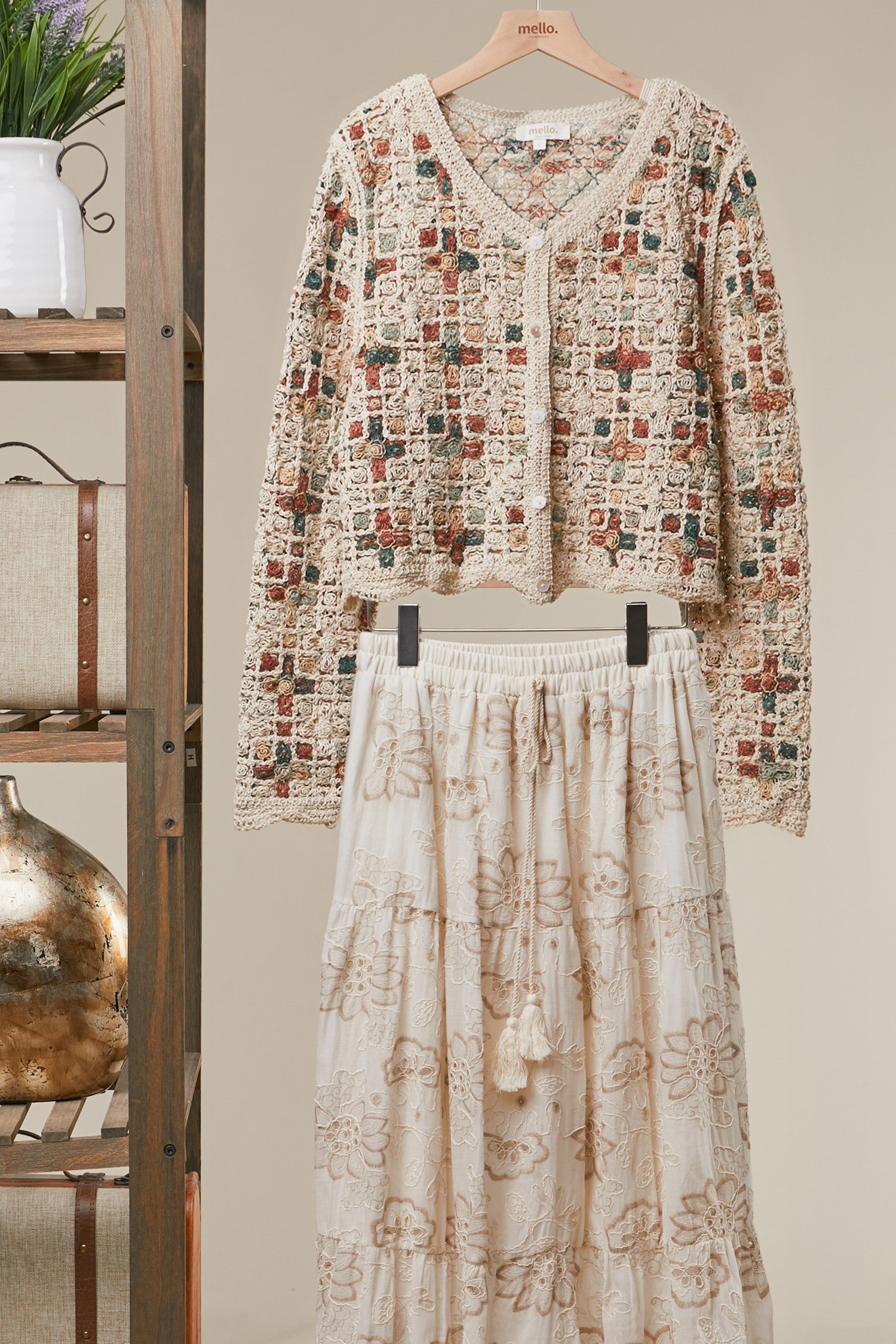 Boho Patchwork Crochet Button Cardigan in Ivory - front view