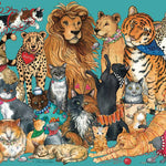 Completed Cats, Cats, Cats 1,000-piece jigsaw puzzle: an illustrated gathering of house cats with lions, tigers and leopards