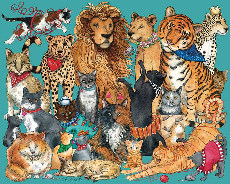 Completed Cats, Cats, Cats 1,000-piece jigsaw puzzle: an illustrated gathering of house cats with lions, tigers and leopards
