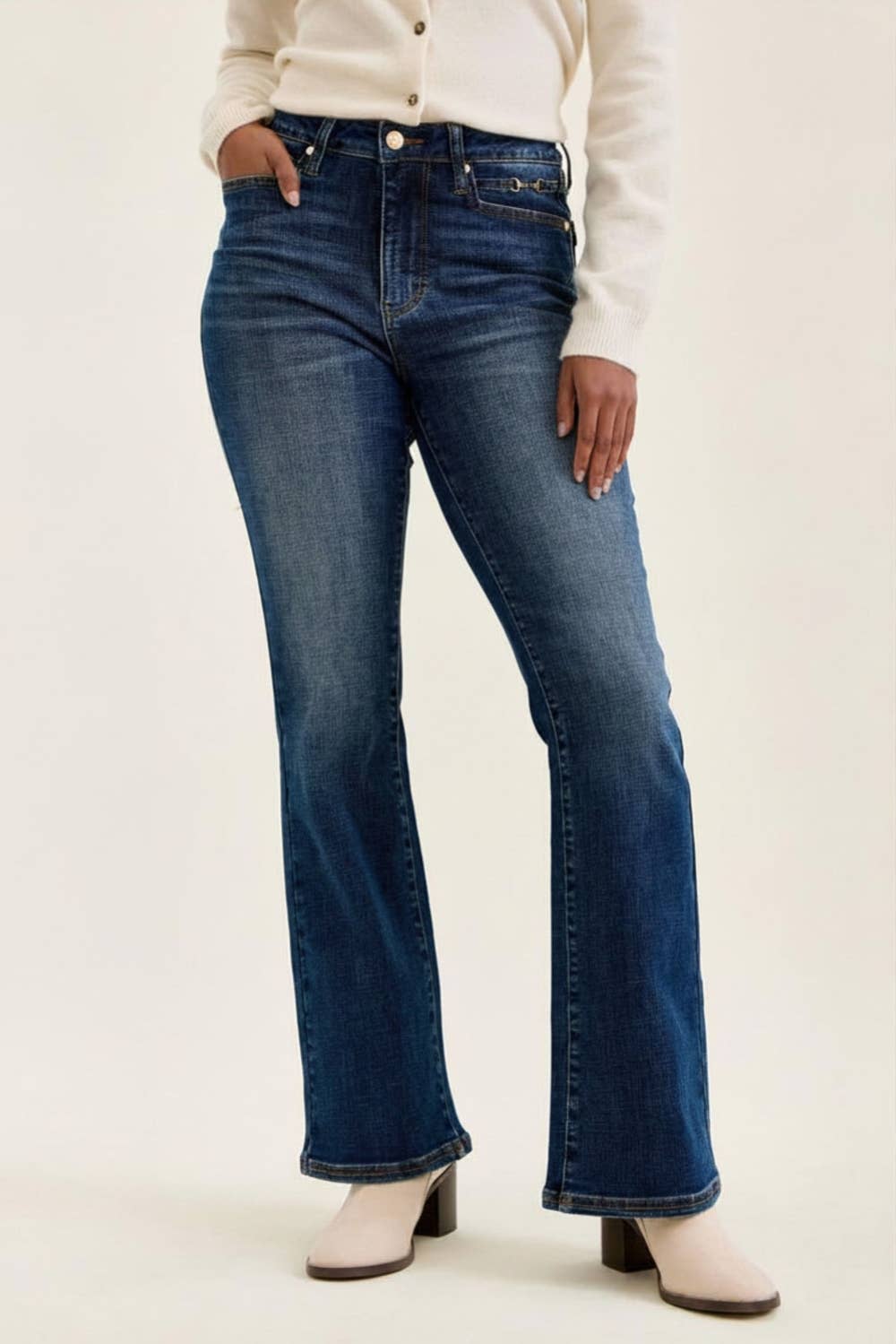 Judy Blue Daisy mid-rise bootcut jeans in Sunset Ride dark wash shown on model