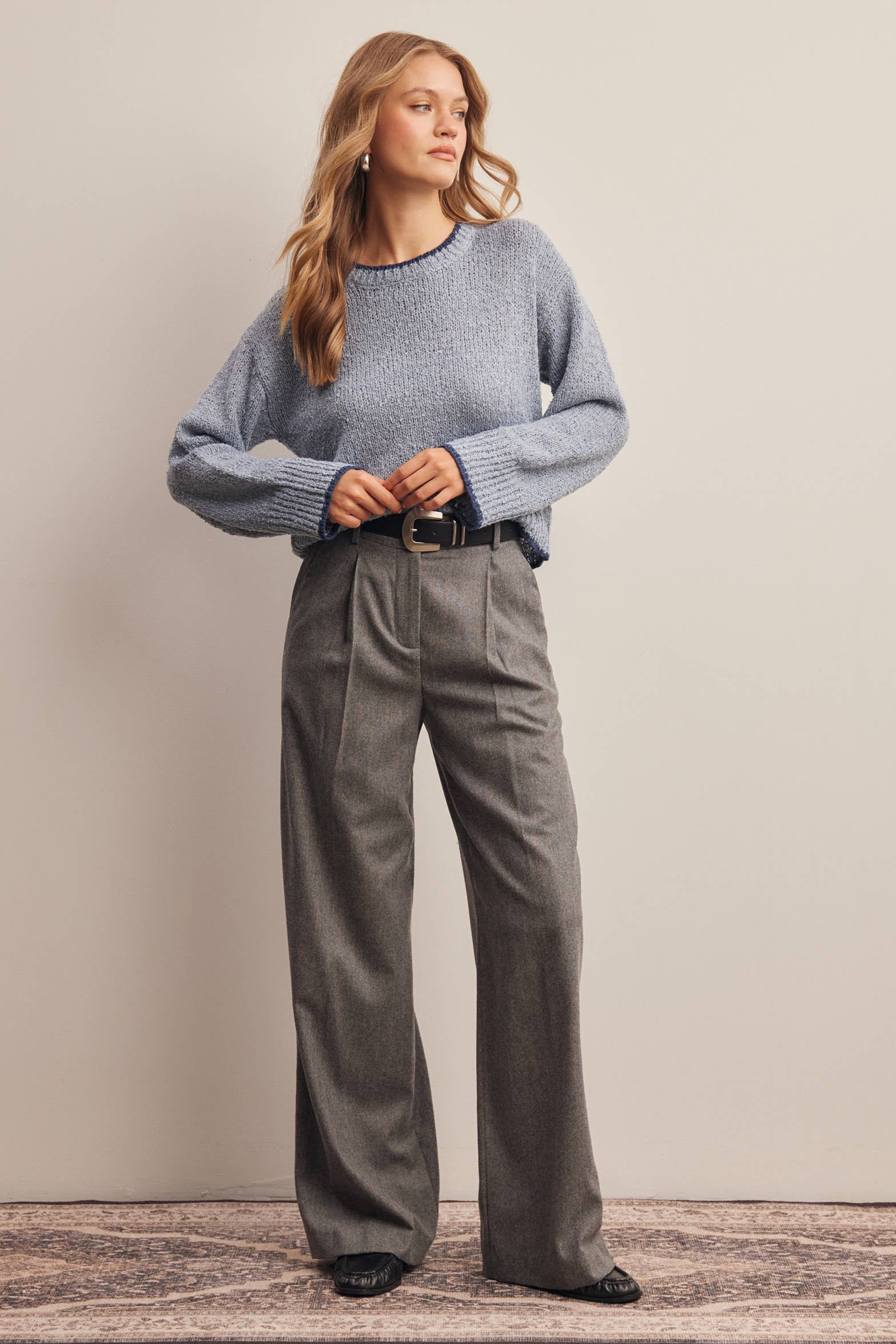 Contrast Trim Bouclé Sweater in Slate Blue – 10