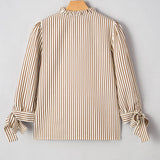 Striped Frill V Neck Knot Bracelet Sleeve Mock Neck Blouse