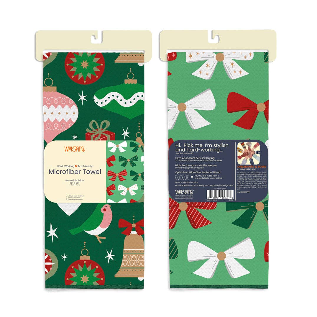 Ornaments and bows reversible Christmas microfiber kitchen towel, view 2