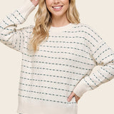 Textured Stripe Crew Neck Pullover Sweater in Ivory / Teal - front