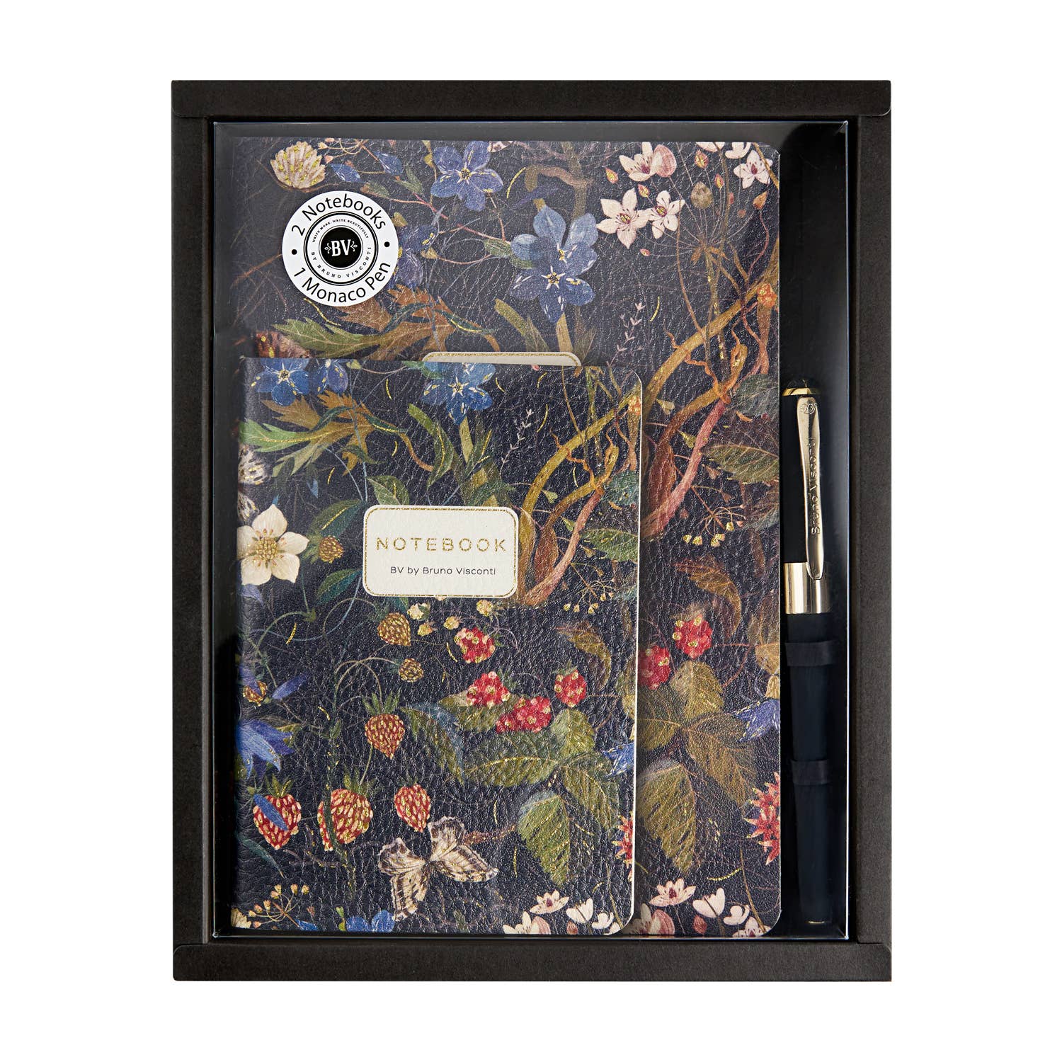 Forest Flowers gift set with two illustrated notebooks and a Monaco ballpoint pen