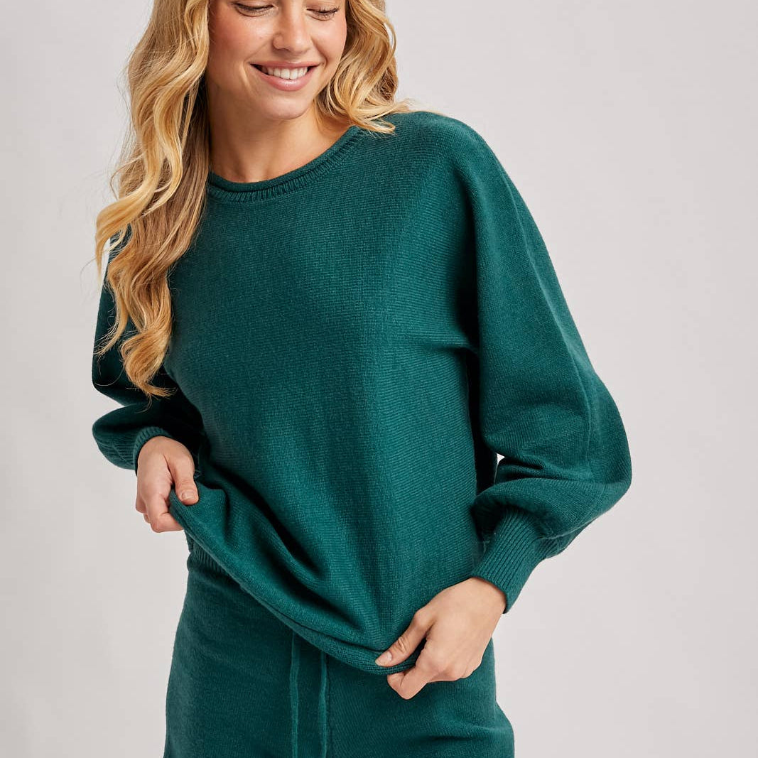 Hunter green ribbed knit lounge sweater and matching shorts