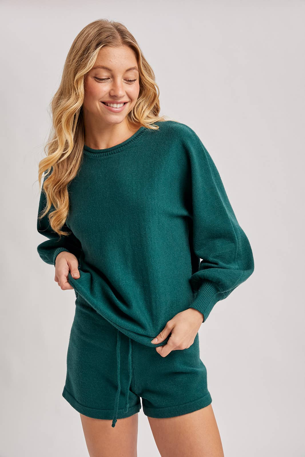 Hunter green ribbed knit lounge sweater and matching shorts