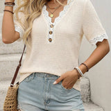 Lace Trim Waffle Knit V Neck Top Casual Summer Tee