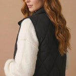 High Neck Snap Button Quilted Puffer Vest in Black - side view