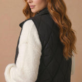 High Neck Snap Button Quilted Puffer Vest in Black - side view