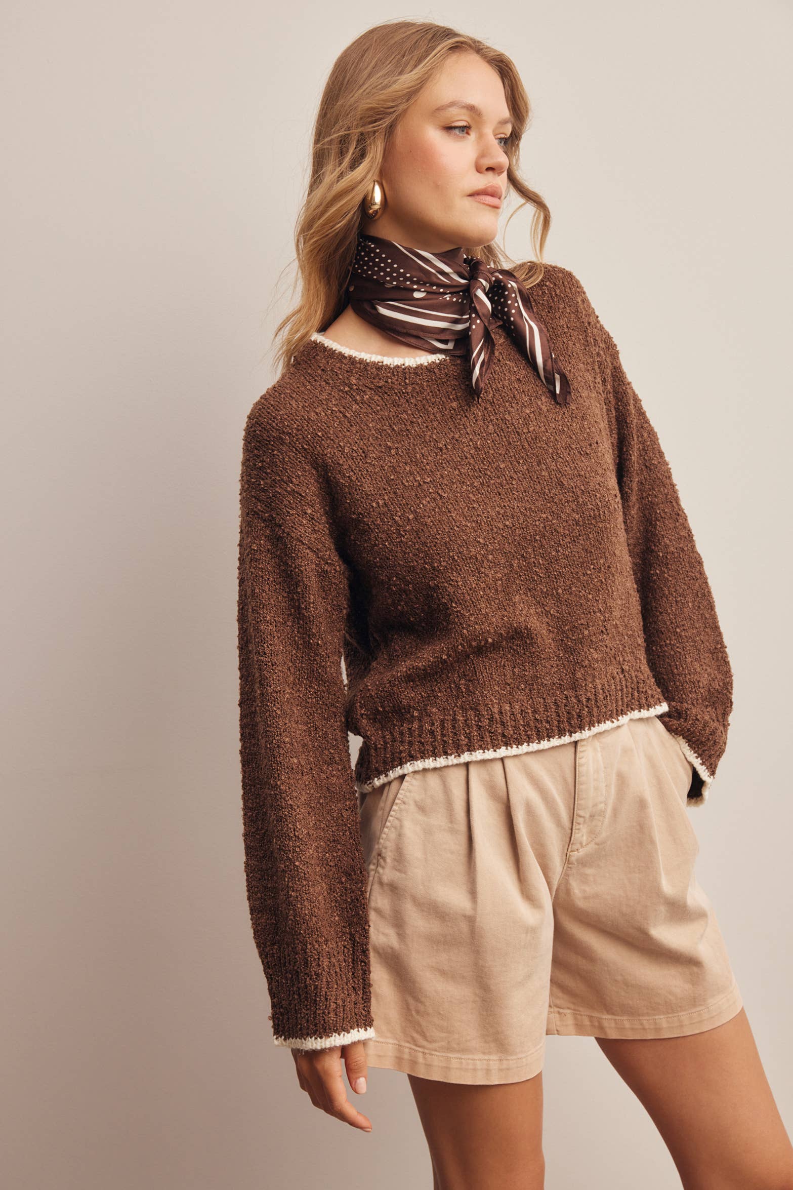 Contrast Trim Bouclé Sweater in Mocha – 8