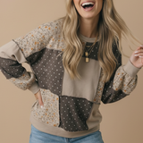 Round Neck Mixed Print Patchwork Pullover