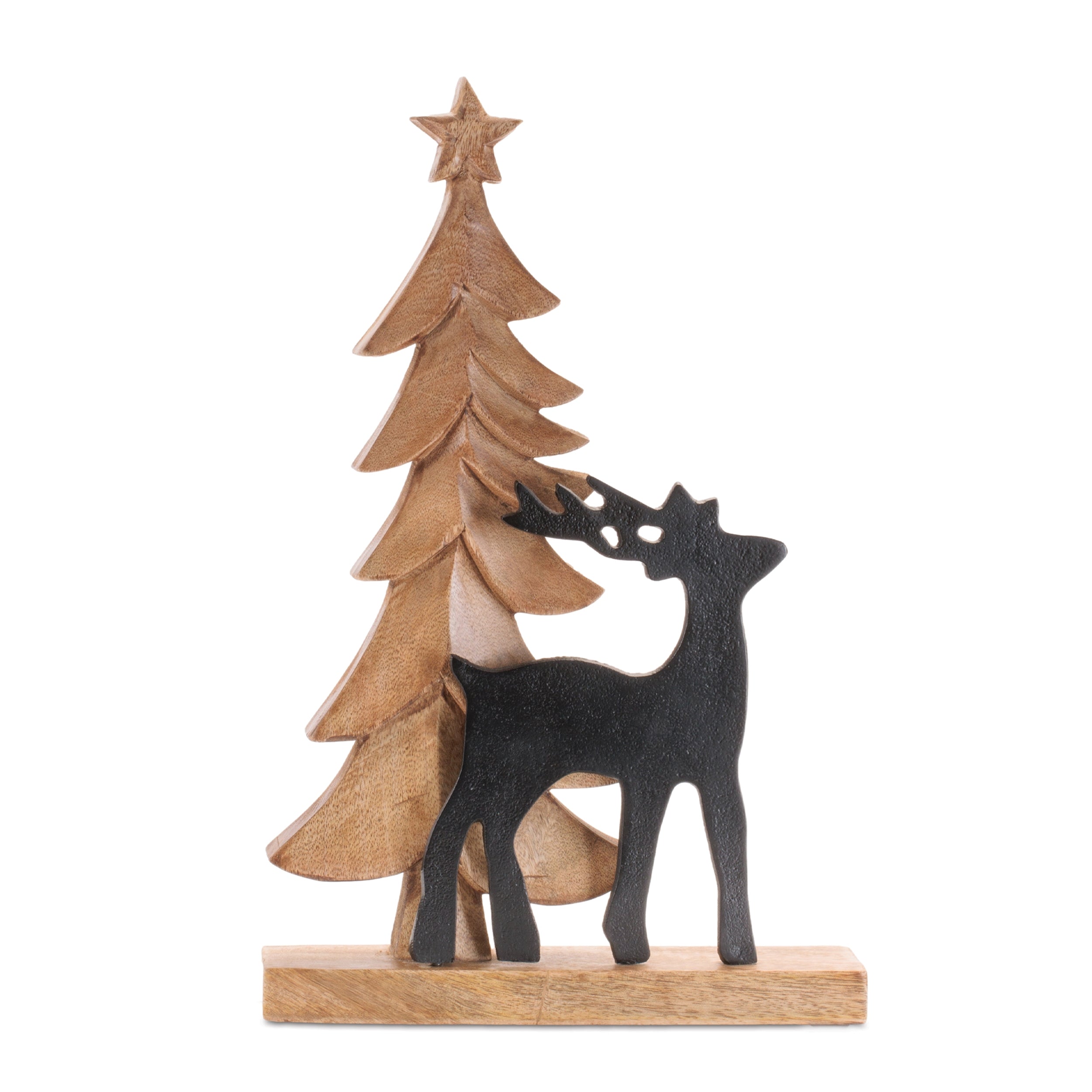 Black deer silhouette in front of a natural wood cutout tree with a star, on a wood base