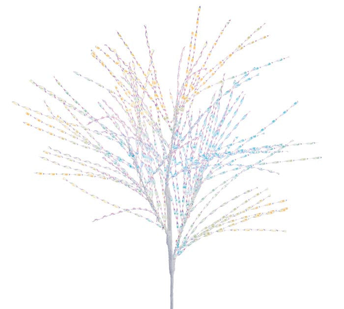 White branching spray covered in small iridescent beads with pink, blue, and gold shimmer
