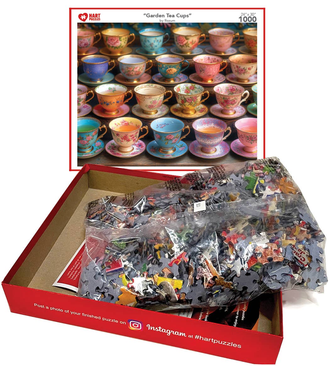 Garden Tea Cups puzzle box opened with bagged pieces and the finished image on the lid
