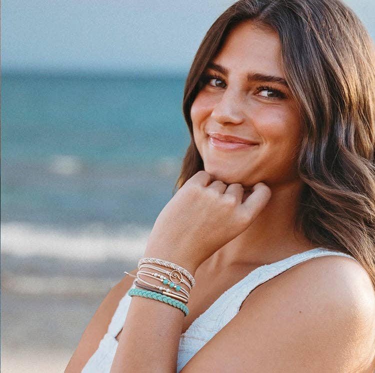Reflect hair tie bracelet set in beachy neutrals and green with gold wave charm, view 2