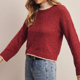 Contrast Trim Bouclé Sweater in Wine – 6
