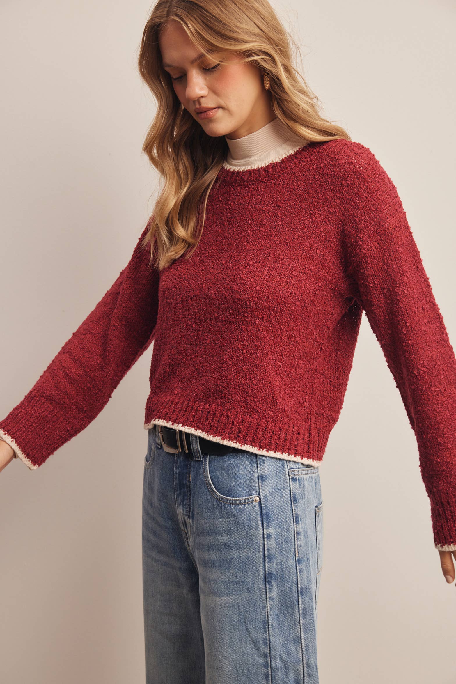 Contrast Trim Bouclé Sweater in Wine – 6