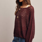 Open-Knit Stripe Sweater Top in Burgundy – 4