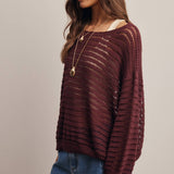 Open-Knit Stripe Sweater Top in Burgundy – 4