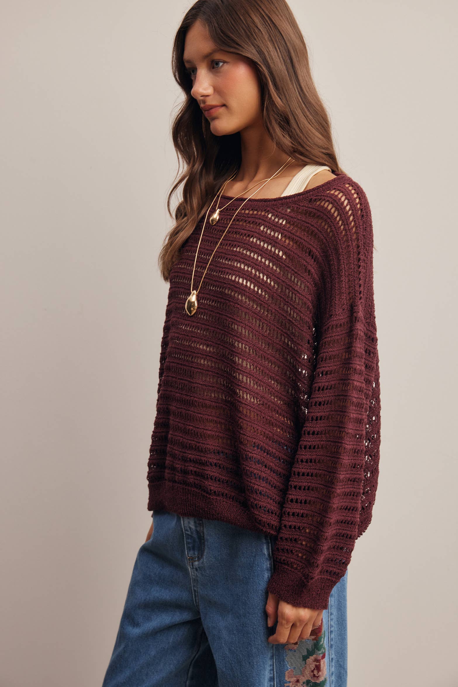 Open-Knit Stripe Sweater Top in Burgundy – 4