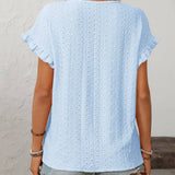 Dark Blue Solid Color Crewneck Sweet Short-Sleeve Hollow-Out Top