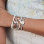 Wonder hair tie bracelet set in cream and blue with pearls and moon and stars charm, view 6