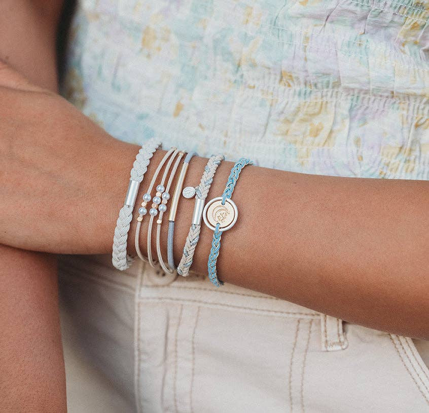 Wonder hair tie bracelet set in cream and blue with pearls and moon and stars charm, view 6