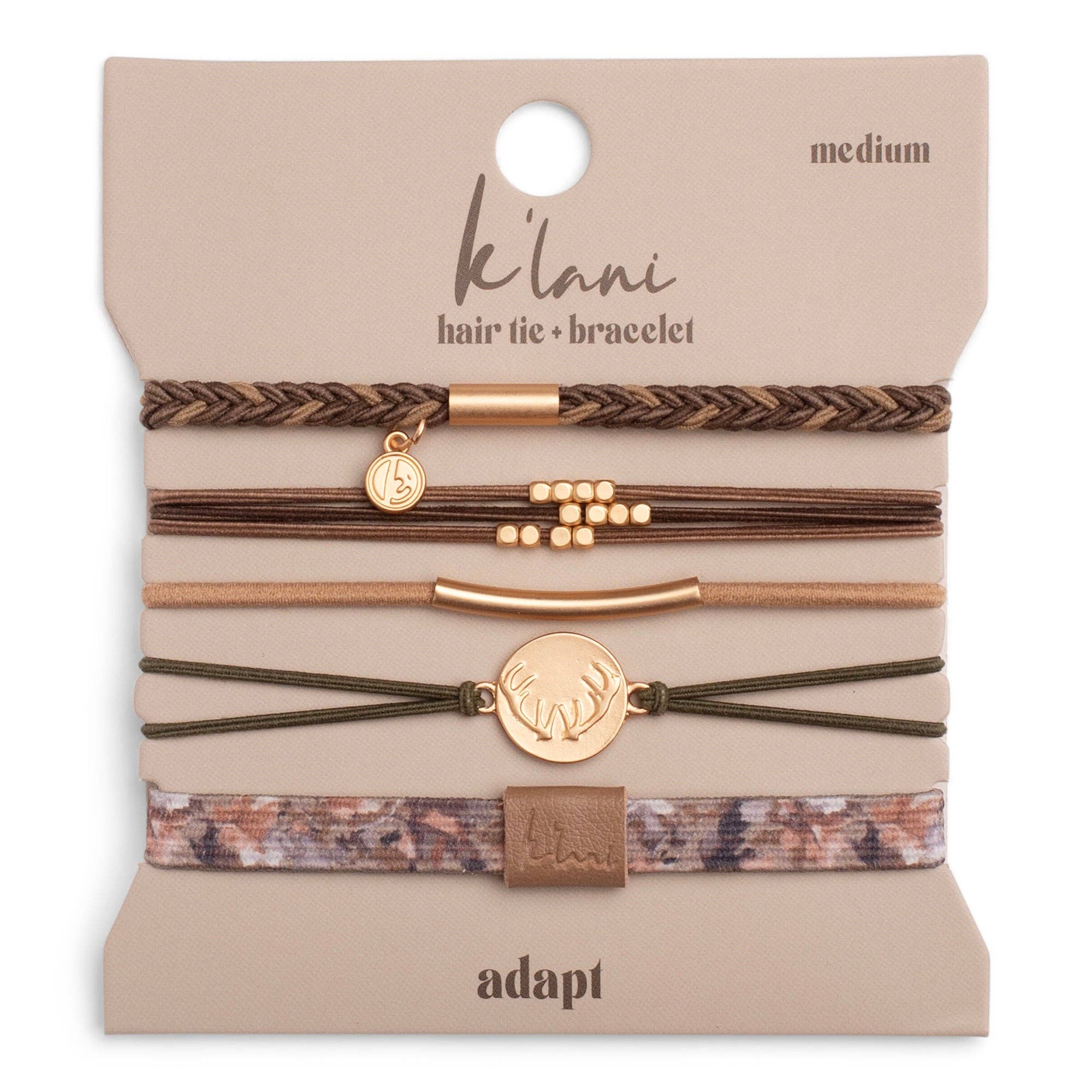 Adapt hair tie bracelet set in earthy neutrals and camo with gold antler charm