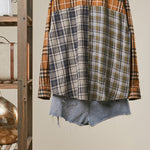 Mixed Plaid Patchwork Button Up Shirt in Navy Blue - back view