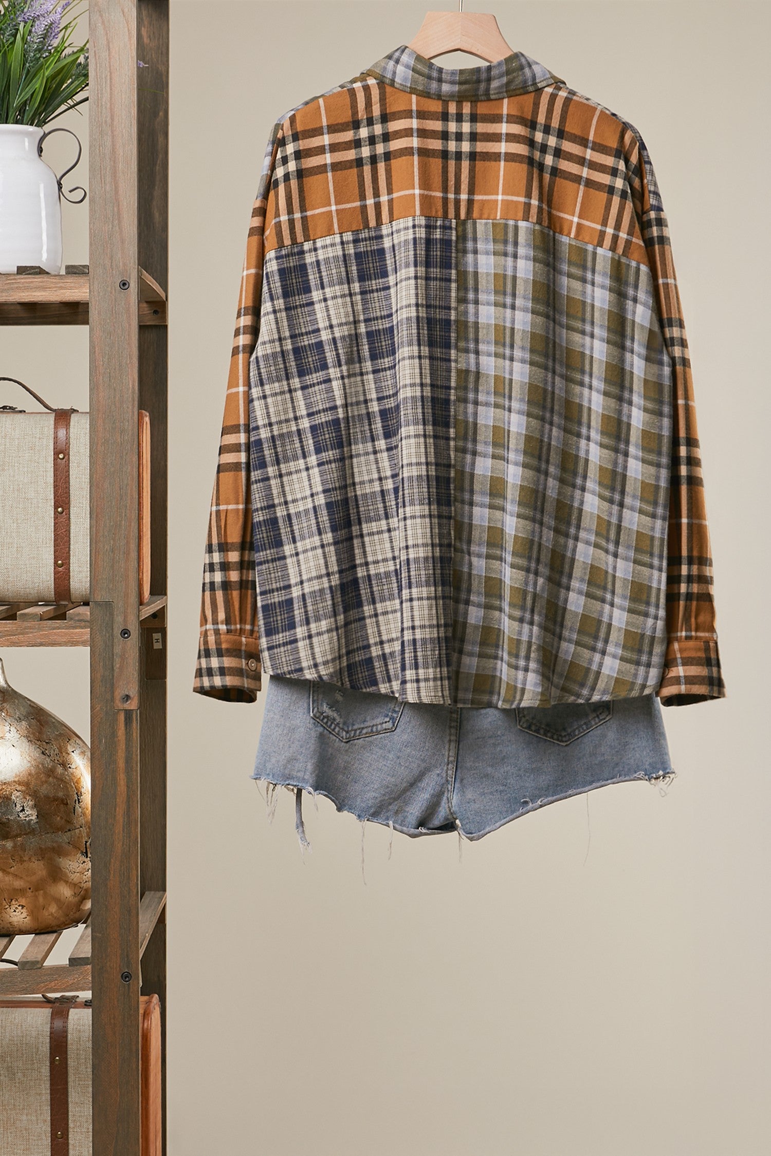 Mixed Plaid Patchwork Button Up Shirt in Navy Blue - back view
