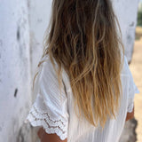 Crinkled Lace Splicing Sleeve Collared V Neck Blouse