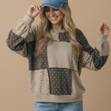 Round Neck Mixed Print Patchwork Pullover