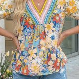 Crochet V Neck Half Sleeve Boho Floral Blouse