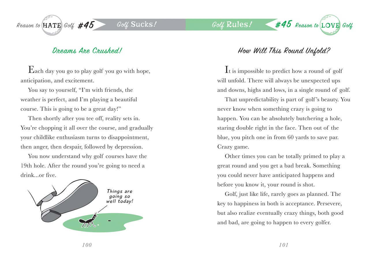 50 Reasons to Hate Golf interior spread, Golf Sucks and Golf Rules pages