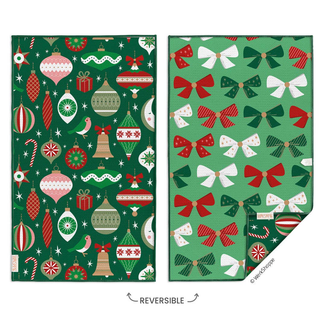 Ornaments and bows reversible Christmas microfiber kitchen towel
