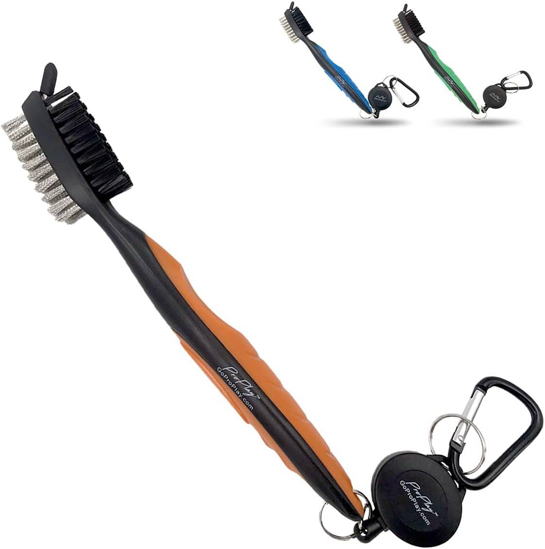 Golf club brush and groove cleaner with retractable clip, side view