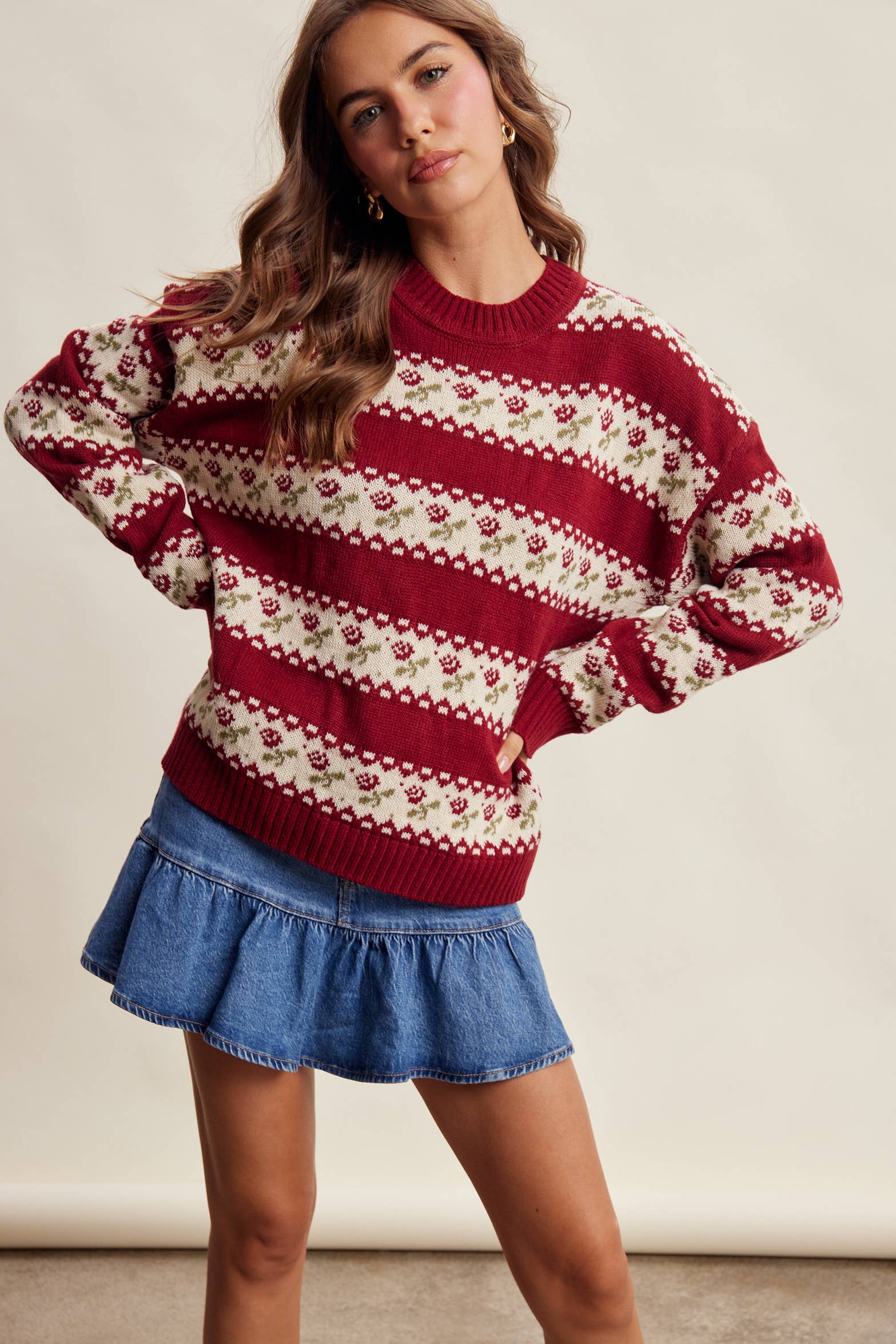 Floral Fair Isle Knit Sweater in Ruby – 5