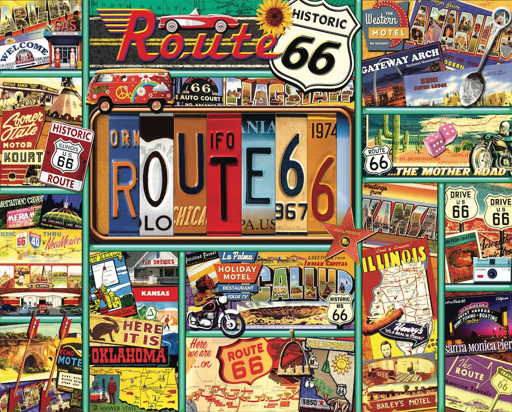 Completed Route 66 1,000-piece jigsaw puzzle: Route 66 signs, license plates, postcards and roadside Americana