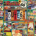 Completed Route 66 1,000-piece jigsaw puzzle: Route 66 signs, license plates, postcards and roadside Americana