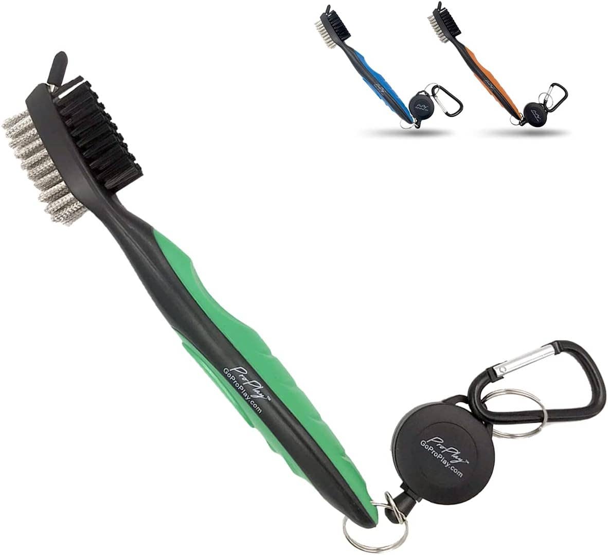Green golf club brush and groove cleaner with retractable carabiner clip