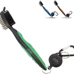 Green golf club brush and groove cleaner with retractable carabiner clip