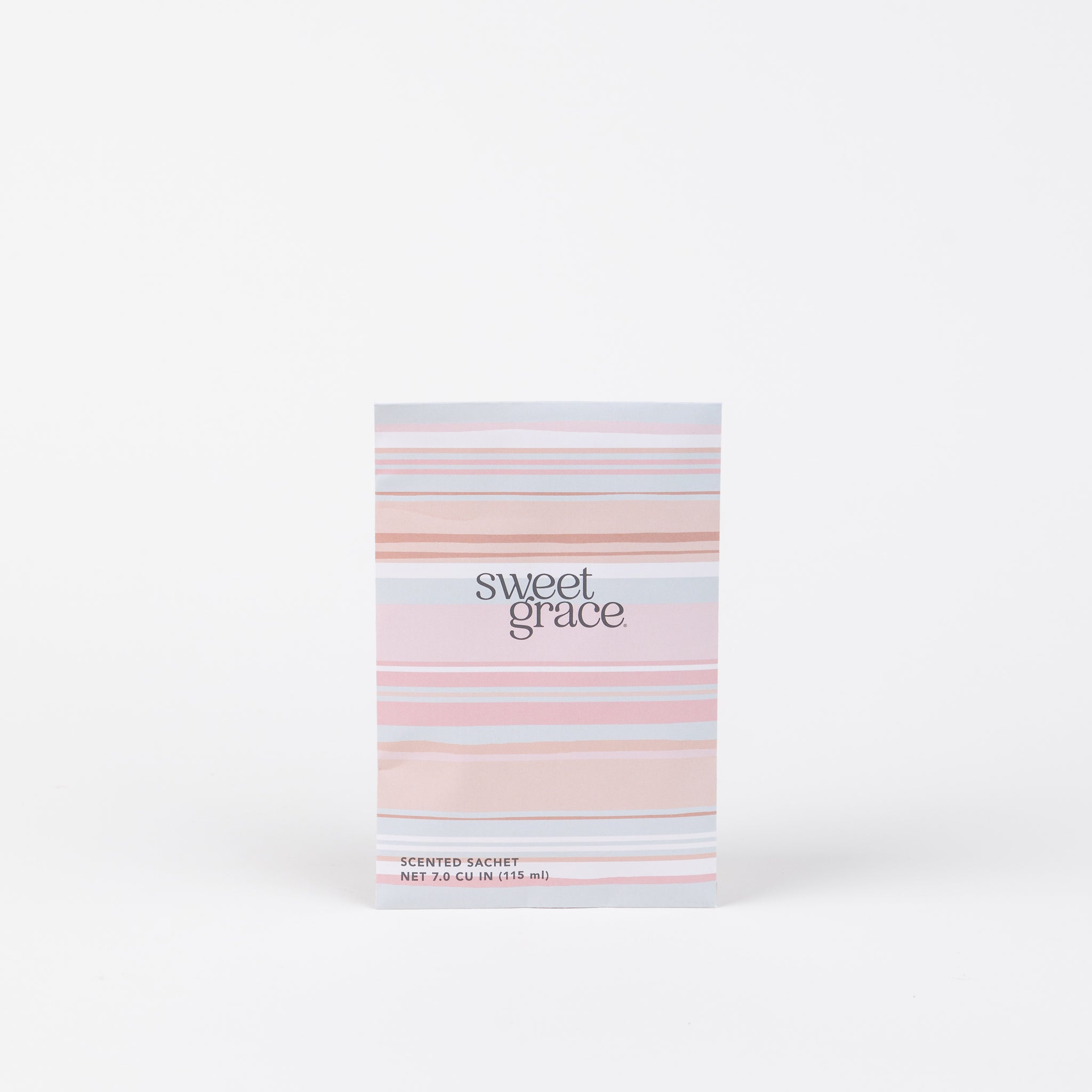Bridgewater Sweet Grace scented sachet in a pastel pink, white and peach mod stripe envelope, standing upright